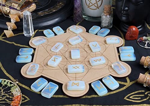 ZAICUS Opalite Rune Stones Set with Engraved Elder Futhark Runic Alphabet Pagan Lettering Viking Runes for Divination Norse Witchcraft Healing Crystal Reiki Gemstones Irregular Shaped 25 Pcs #20 Opalite Rune