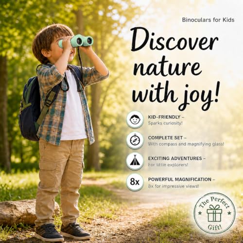 Binoculars for Kids – Perfect Toy for Little Boys and Girls – Extensive Set Incl. Magnifying Glass & Compass – Powerful Magnification 8X21 – 3 to 12 Year Old Kids for Toddler Mint Green