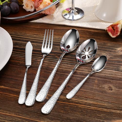 KEAWELL Louise hammered hostess serving set with fork, spoon, and tongs for elegant food presentation and serving.