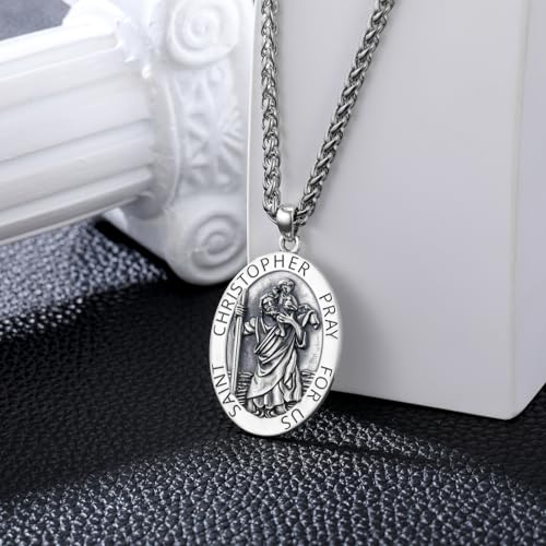 Saint Christopher Necklace for Men 925 Sterling Silver Patron Amulet Medal Jewelry for Men Women