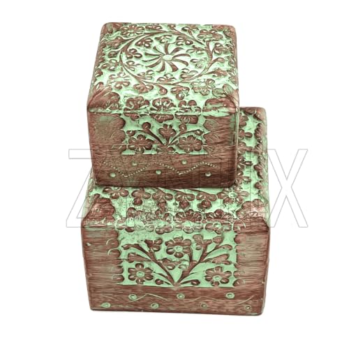Mango Wood Pack of 2 Antique Jewelry Organizer - Mango Wood Jewelry Box for Women, Decorative Storage Solution with Elegant Design and Craftsmanship, Ideal for Home and Gift Use (Green)