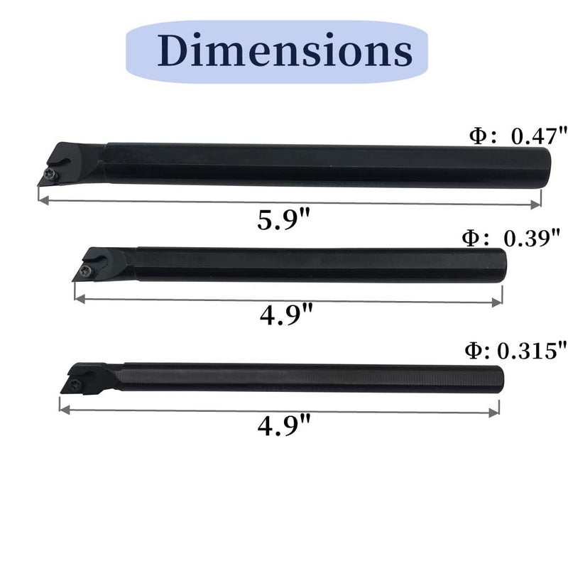 [Australia - AusPower] - 3pcs 95° Turning Boring Bars Turning Tool Holder S08K/S10K/S12M-SDJCR07 Shank Dia 1/3" 3/8" 1/2" Right Hand + 10pcs DCMT21.51 DCMT070204 Carbide Turning Insert for Steel and Stainless Iron 3pcs boring bars + dcmt21.51 