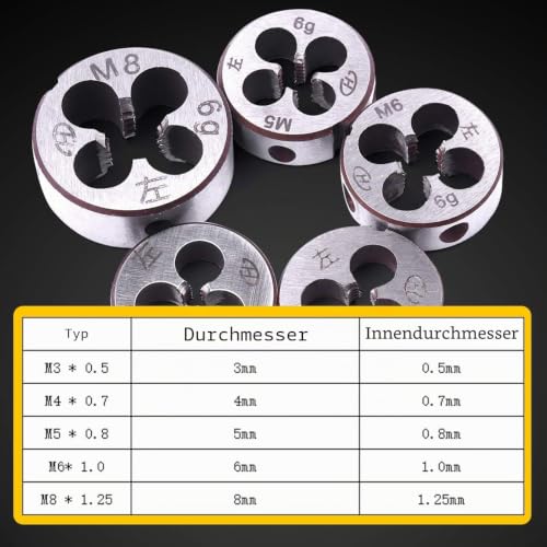 Atoplee 5 x Metric Spanner Set Left Hand Thread Die M6 * 1.0 mm M8 * 1.25 mm Hand Machine M3 M4 * 0.7 * 0.5 M5 x 0.8