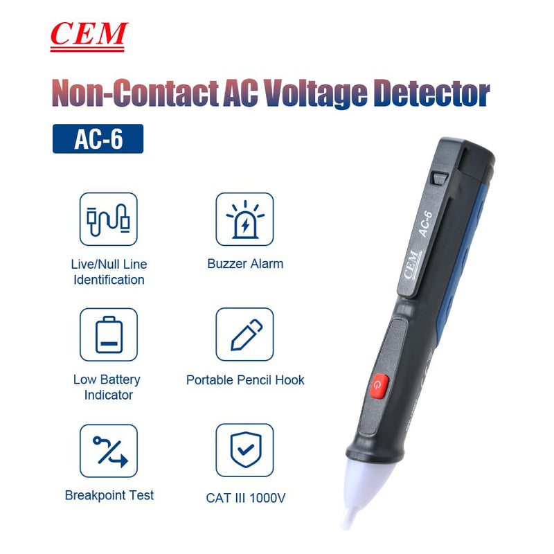 [Australia - AusPower] - Voltage Tester,CEM AC-6 Non-Contact Voltage Detector,Electrical Tester,AC,LCD Display in Percentage,Buzzer Alarm,Live Wire Tester,Wire Breakpoint Finder - Black-Built-in/External Battery (Random) 