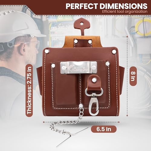 Rising Star 100% Genuine Brown Leather Electrician Tool Pouch – 6 Pocket Heavy Duty Tool Belt Organizer, Professional Construction & Contractor Work Gear