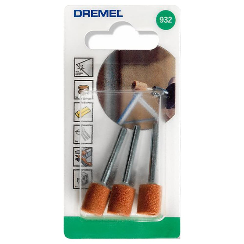 Dremel 932 Aluminium Oxide Grinding Stones Accessory Set, 3 Cylindrical Grinding Stones for Grinding and Sharpening Metals (9,5 mm), Gray 932 - cone large 9.5mm