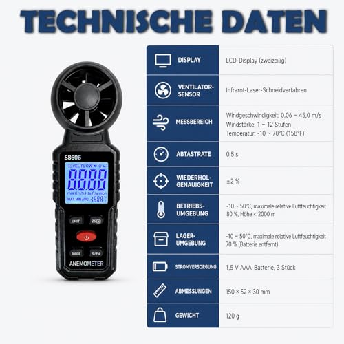 3 in 1 Handheld Digital Anemometer Anemometer Anemometer | Measurement of wind speed, wind strength and wind temperature, digital anemometer with LCD screen