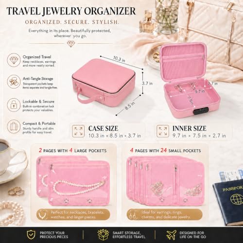 Pink Zynqur fireproof travel jewelry organizer case with lock and six binder pages, designed for safe jewelry storage during travel.
