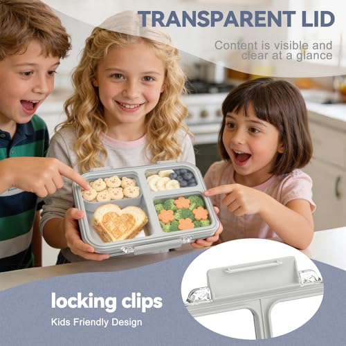 Stainless Steel Bento Box for Kids, 3-Compartment Metal Lunch Box with Clear Lid & Removable Silicone, Lunch Box Kids with Silicone Inner Container for Meal Prep, School, Office (Grey) Grey