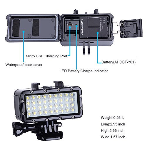 Suptig Diving Light High Power Dimmable Waterproof LED Video Light Fill Night Light Diving Underwater Light Waterproof 147ft for Gopro Mission Hero 13/Hero 12/11/10/9/8/7/6/5/5S/4/3+ DJI osmo Action