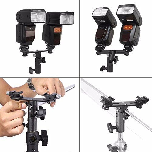 EXMAX E2 Adjustable Double Flash Bracket Dual Hot Shoe Speedlight Stand Umbrella Holder Light Stand Bracket Mount 1/4" to 3/8'' for Studio Video DSLR Camera