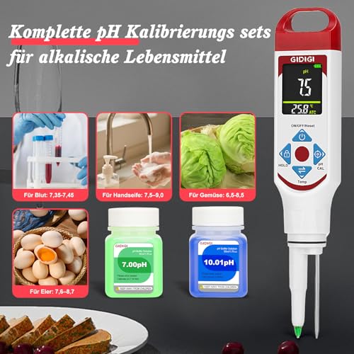 pH Meter for Food Fermentation with pH Calibration Kits, Color Display, Spear Tip, pH Food Tester with ATC for Cosmetics, Sourdough, Professional pH Test Strips