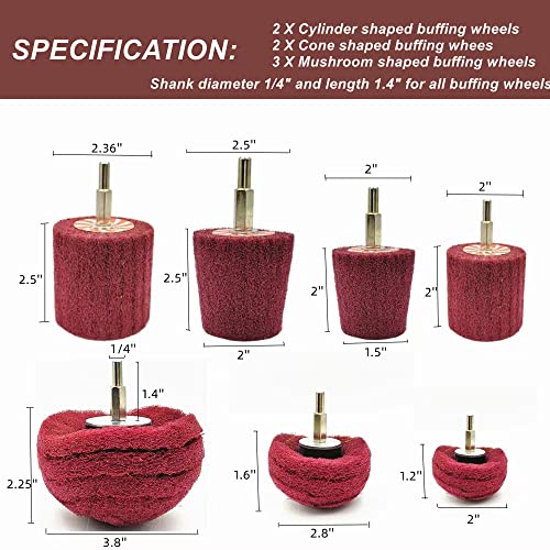 7 PCS Non Woven Abrasive Buffing Wheels Drill Attachment, Scouring Pads Wheel with 1/4" Shank for Polishing Mirror Stainless Steel Copper Aluminum Wood Wares 320 Grit 7