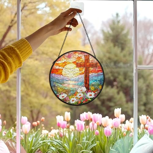 Christian Suncatcher Stained Glass Cross Window Hanging Decor, Christmas Religious Gifts for Women, Easter Landscape Sunrise Mountain Cross Garden Lawn Sun Catchers for Window Hanging,7.9x7.9In Cross4