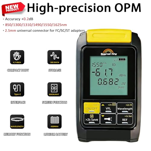 6 in 1 Fiber Optic Tester with Optical Power Meter,-50~+30dBm,VFL Function & RJ45 Cable Test, 850–1625nm Multi-Wavelength, Type-C Rechargeable, 500 Data Storage, Backlight Display, Handheld Tool Yellow
