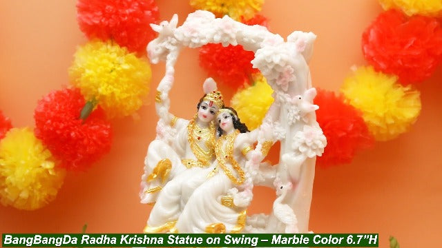 BangBangDa Radha Krishna Statue on Swing - Marble Color 6.7”H Polystone Indian Murti Krishna Idol for Valentine/Wedding/Birthday/Diwali for Indian Family Man Women Pooja Item