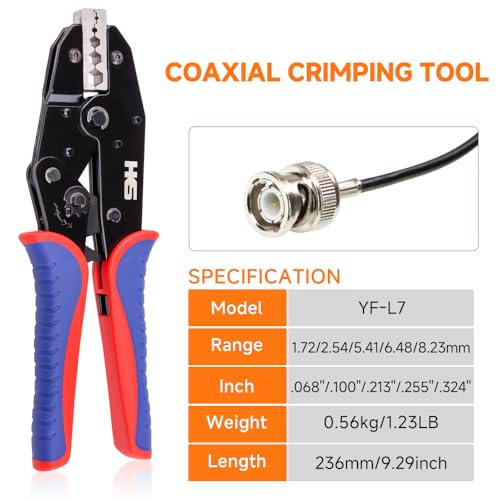HKS L7 coaxial crimping tool for RG cables and BNC connectors, black and red hand crimpers