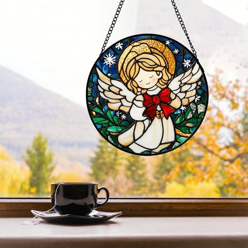 Stained Glass Window Hanging Jesus Cute Angel 6.3" - White Angel Suncatcher Door Garden Sun Catcher Home Decor Birthday Christmas for Mom Men Woman Nana Friend Girl 6.3x6.3 IN
