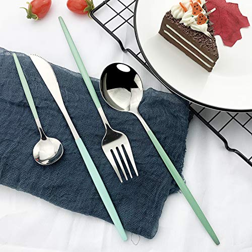 JASHII 24 Piece Titanium Mint Green Plated Stainless Steel Flatware Set, Utensils Set, Cutlery Set Service for 6 (Mint Green Handle, Shiny Silver) Mint Green Handle Silver