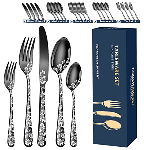XIAOYU 20-piece stainless steel flatware set with rainbow finish, includes knives, forks, and spoons for four people, dishwasher safe.