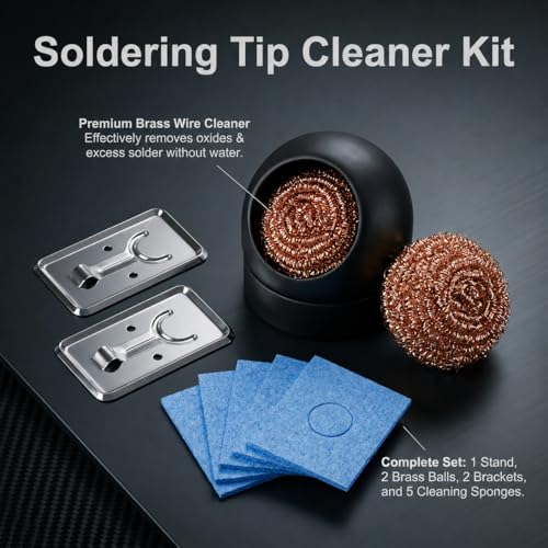 11-Piece Soldering Tip Cleaner Set, Soldering Accessories Without Water | 1 stand, 3 wire balls, 2 metal shelves, 5 blue sponges, waterless use, for workbench and electronics repair