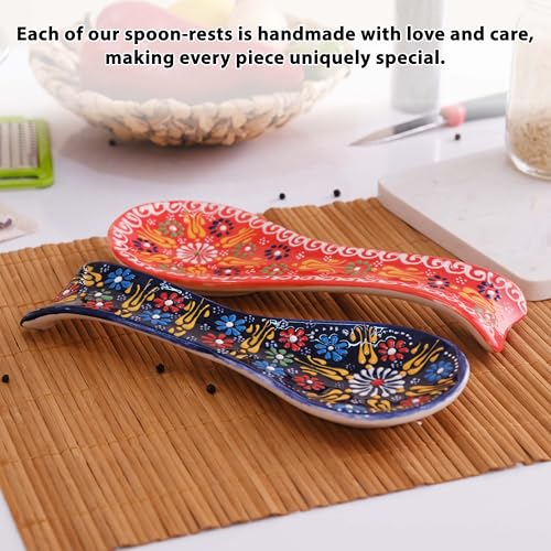 2 pcs Handmade Ceramic Spoon Rest for Kitchen Counter and Stove Top – Large Cooking Utensil Rest, Decorative Spoon Holder for Countertop (Orange-NavyBlue) Orange-NavyBlue