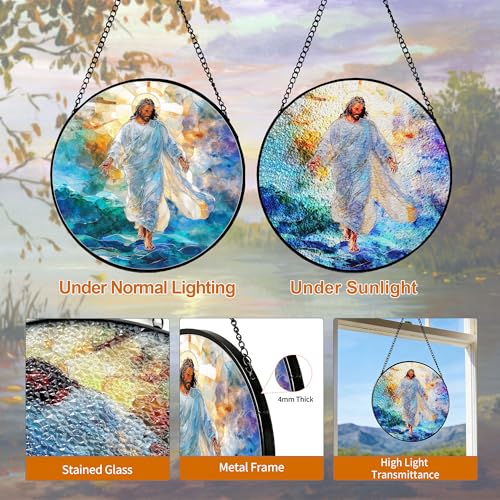 Jesus Stained Glass Sun Catcher 7.88 Inch Home Decor Gift Ocean + Jesus