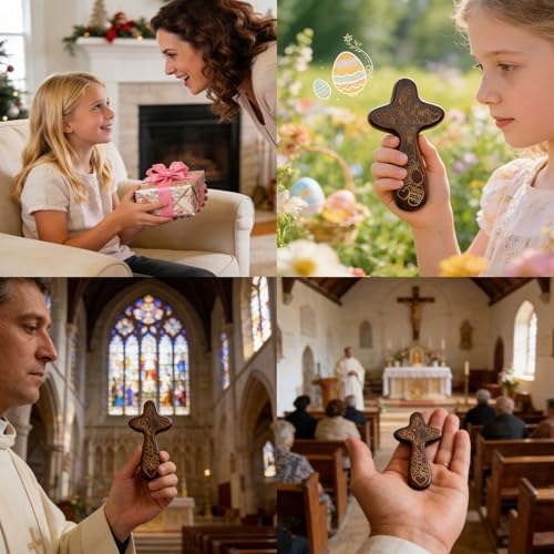 Goodangie00 Handcrafted Solid Wood Hand Held Pocket Stress Fidget Cross, Mini Double-sided Carved Bunny Egg Crucifix for Kids Adult Easter Gift, Christian Faith Prayer Easter Gift Idea Easter-Brown