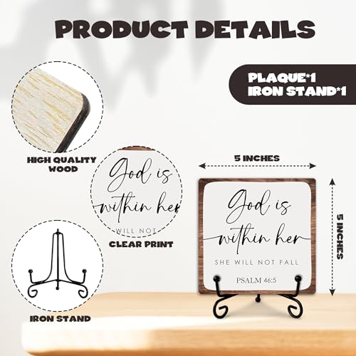 God Is Within Her She Will Not Fall Wooden Sign Decor, Psalm 46:5 Scripture Plaque, Rustic Wooden Plaque Sign With Iron Stand, Christian Home Office Restroom Desk Shelf Decorations