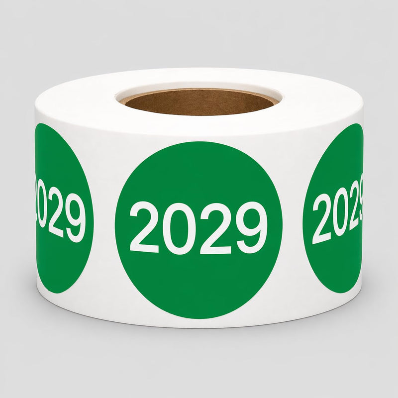 InStockLabels.com 2029 Round Year Labels, Green, 1.5 Inch, 500 Count, Semi-Gloss, for Inventory, Expiration & Organization