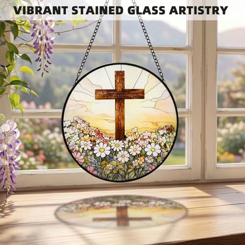 8 Inch Stained Glass Cross and Wildflowers Suncatcher Christian Stained Glass Windows Hanging Flower Cross Gift for Religious Mother's Day Faith Christian Gifts Religious Home Decor Cross & Wildflowers