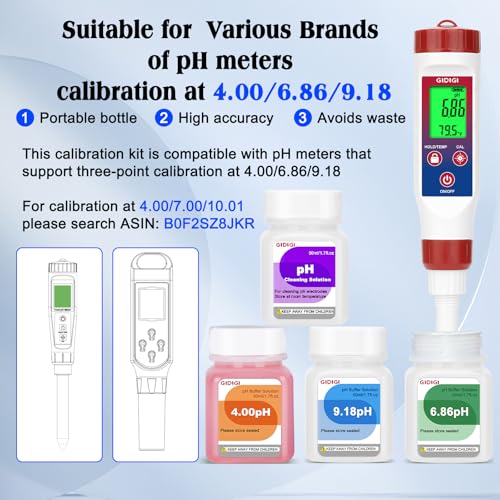 GIDIGI pH buffer solution set with purple 4.00, 6.86, and 9.18 calibration liquids for pH meters