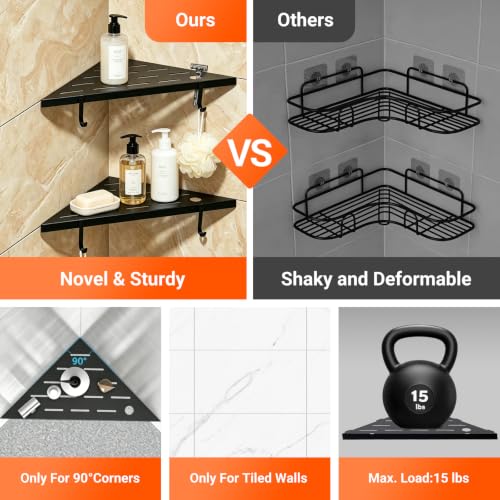 Corner Shower Shelves, 10" Matte Black 304 Stainless Steel Recessed Shelf for Bathroom，With silicone soap dish and razor holder，Grout in Shelf with Hooks for Tiled Wall 2 Pack (Black)