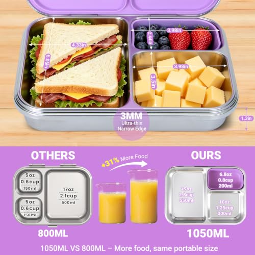 MaMix Stainless Steel Bento Lunch Box for Kids & Adults - Leakproof 4.4 Cup Lunch Container with 3 Compartments for School & Travel -Dishwasher Safe, BPA Free (purple) Purple