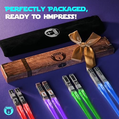 LIGHTSABER CHOPSTICKS LIGHT UP STAR WAR CHOPSTICK LED Glowing Light Saber Chop Sticks REUSABLE Sushi Sabers Cool Fun Geeky STARWAR Chop Stick Set Darth Red Green Blue Purple | 4 Pairs CASE GIFT BOX Regular Tips