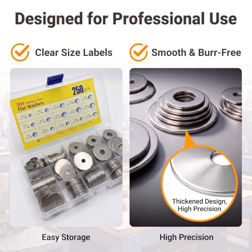250 PCS Flat Washers Assortment Kit, 304 Stainless Steel Fender Washers, 15 Sizes (M3 M4 M5 M6 M8 M10 M12) Metric Metal Washers, Universal for Automotive Industrial Home