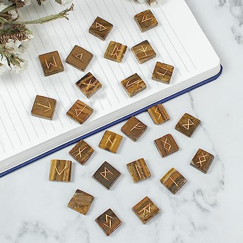 Crocon Tiger Eye Runes Crystal Rune Stones Set 25Pcs Elder futhark Viking G
