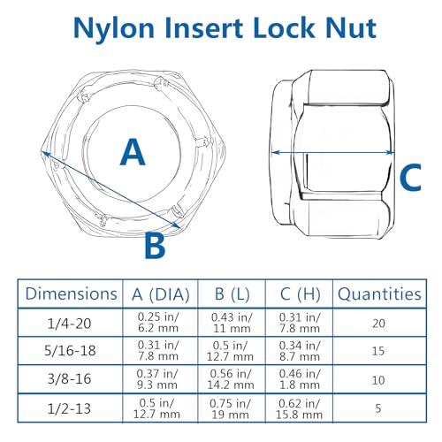HOTUFELG 316 stainless steel nylon insert lock nuts assortment kit in four sizes, 50 pieces