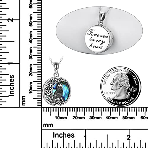 POPLYKE Sterling Silver Wolf Necklace Gifts for Women Celtic Knot Wolf Moon Pendant Necklace Jewelry for Men 18+2'' Wolf Urn (Abalone)