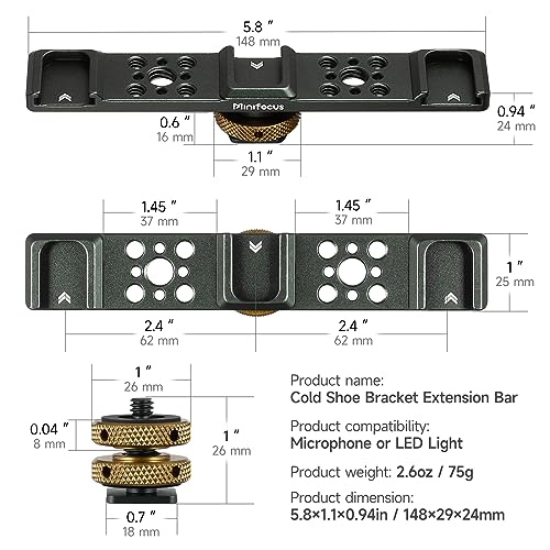MINIFOCUS Triple Cold Shoe Extension Bar Mount, Aluminum Alloy Hot Shoe Mount Bracket with 1/4" Thread Holes for DSLR Camera Microphone Tripod LED Video Light Flashlight