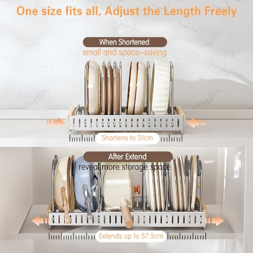 Expandable Pot and Pats Organizer for Cabinet 304 Stainless Steel, 10 Adjustable Dividers Expandable Cookware Rack for Cutting Boards Frying Bakeware, Expanded Size 22.64" Lx7.28 Wx7.68 H