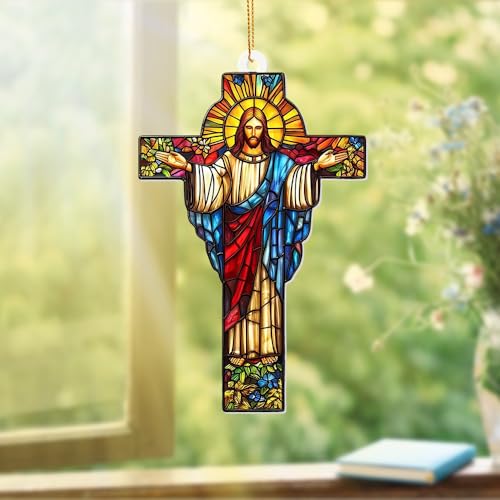 Stained Glass Jesus Cross Car Hanging Ornament – Acrylic Rearview Mirror Charm, Christian Cross Sun Catcher for Car or Home, Inspirational Religious Gift for Men & Women(Sun-29) Sun-29