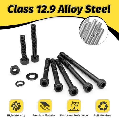 Kadrick M3 long screws kit with hex socket head cap screws, nuts and washers, black zinc alloy steel assortment