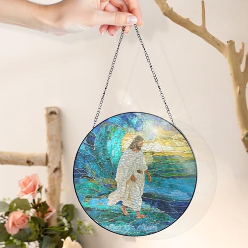 FLAGWIX Christian Faith Stained Glass Suncatcher, 10 in Window Hanging Blue - Christian Walking