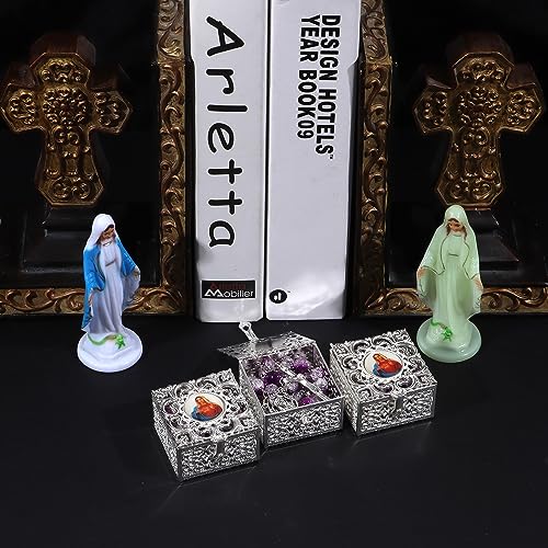 Rosary Beads Catholic for Women With Vintage Jewelry Box, Purple Crystal Rosary Necklace with Metal Gift Box, First Communion Rosary for Anglican Prayer Beads Catholic Gifts Purple-302