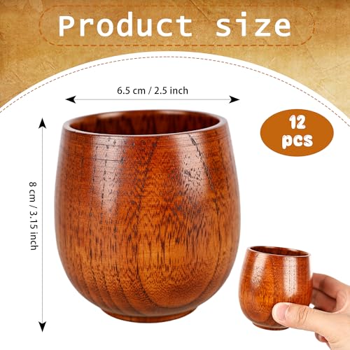 12 Pcs Wooden Cup Bulk Coffee Mug Natural Solid Wood Tea Water Cup Japanese Teacup for Wine Beer Hot Drinks Water Milk Mug Cup Top Grade, 6 oz
