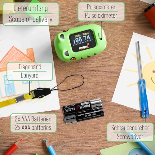 Pulox PO-230 Children's Pulse Oximeter Green for Measuring SpO2 and Pulse | Measures oxygen saturation and heart rate in just a few seconds, includes stickers for individual gluing and designing