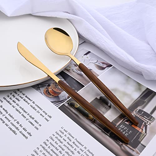 16-Piece Silverware Set with Cake Fork, Gold Stainless Steel Flatware Cutlery Set, Eating Utensils Set with Wooden effect Handle, Include Knife Fork Spoon, Mirror Polished, Dishwasher Safe Brown Gold