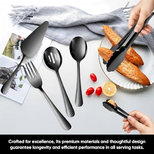 14PCS Serving Utensils - Hostess Serving Utensils Set, Premium Stainless Steel 8.7 inch Serving Utensils, Slotted Spoons, Forks, Tongs, Cake Pie Server for Buffet, Wedding, Dinner (Black) Black