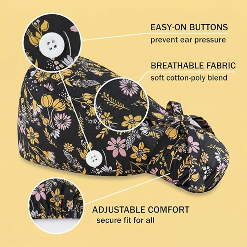 Nurse Caps, 1 Surgical Cap, Nurse Cap, Work Hood with Buttons and Straps - Adjustable and Reusable, Suitable for Long Hair